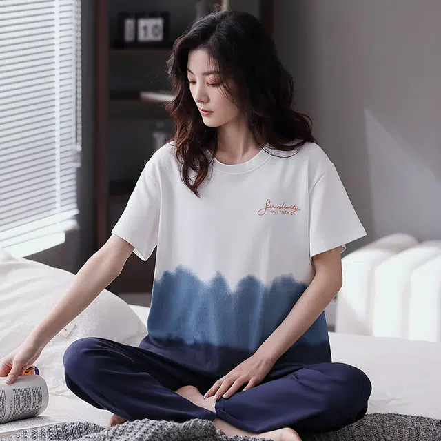 歌倩雅 拼色字母印花圆领上衣纯色透气宽松裤子睡衣套装 女款 白色