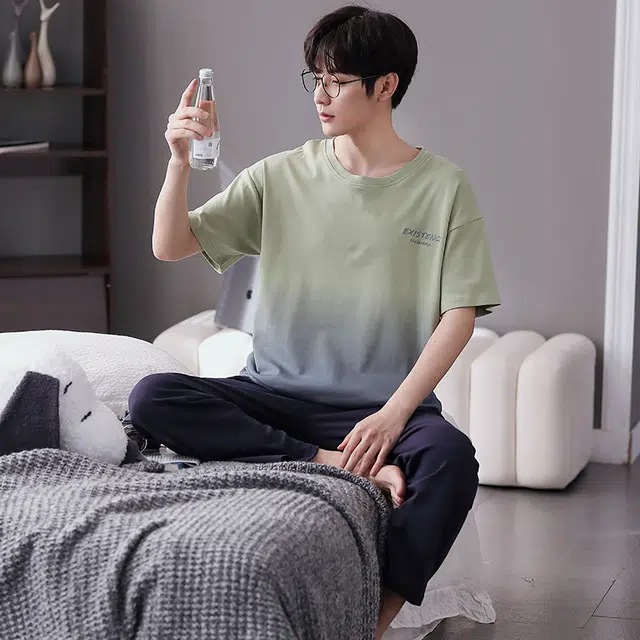 歌倩雅 渐变圆领套头短袖上衣松紧腰长裤睡衣套装 男款 浅绿色