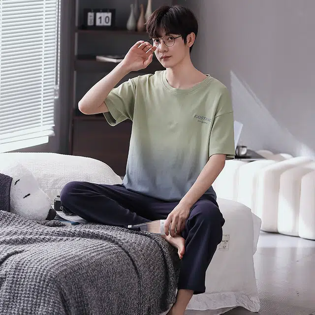 歌倩雅 渐变圆领套头短袖上衣松紧腰长裤睡衣套装 男款 浅绿色