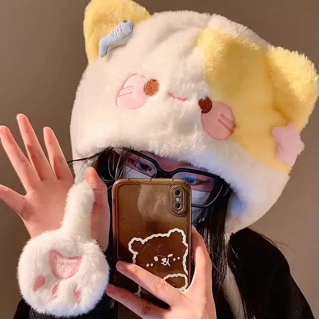 钓鱼熊 秋冬必备可爱甜美卡通小猫咪模拟器毛绒绒保暖加厚加绒大头围显脸小 聚酯纤维 绒线帽 男女同款情侣款