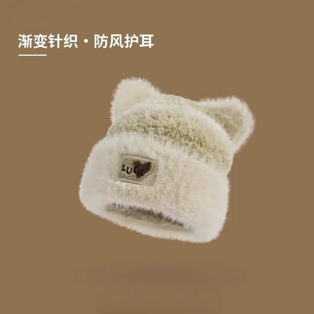 钓鱼熊 拼色猫耳朵毛绒针织帽子毛茸茸保暖护耳套头帽显脸小针织帽 聚酯纤维 绒线帽 男女同款情侣款