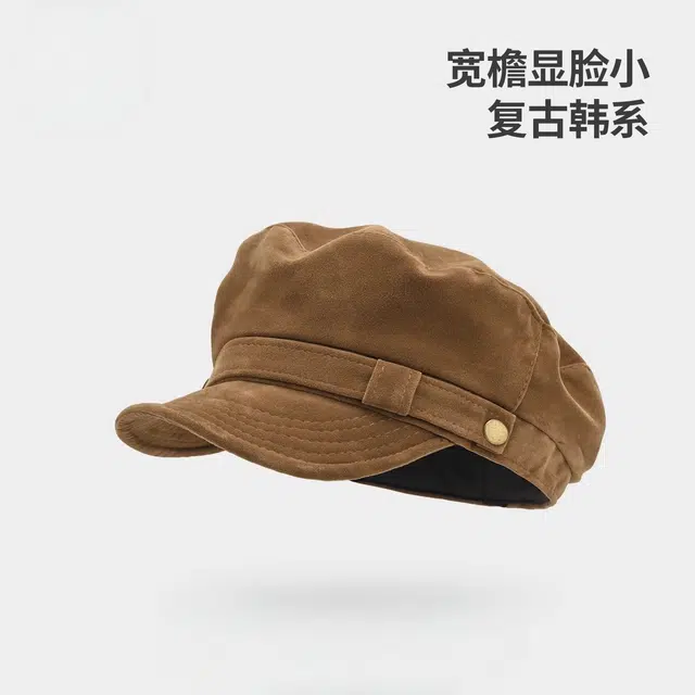 钓鱼熊 日系复古海军风绒平顶报童帽韩系百搭显脸小画家帽 聚酯纤维 贝雷帽 男女同款情侣款
