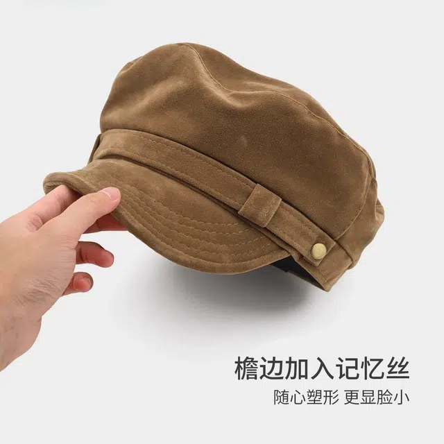 钓鱼熊 日系复古海军风绒平顶报童帽韩系百搭显脸小画家帽 聚酯纤维 贝雷帽 男女同款情侣款