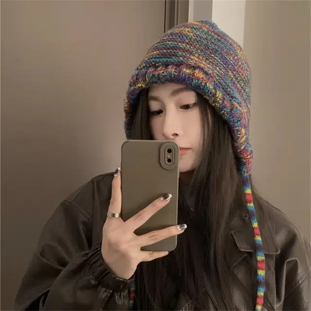 钓鱼熊 彩虹渐变毛线秋冬季款显脸小包头保暖 聚酯纤维 绒线帽 女款