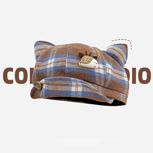 钓鱼熊 格纹小鹿耳朵文艺保暖百搭云朵帽潮 棉质 贝雷帽 男女同款情侣款