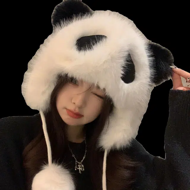 钓鱼熊 可爱小熊猫帽毛保暧防风护耳帽亲子款包头帽百搭显脸小 聚酯纤维 绒线帽 男女同款情侣款