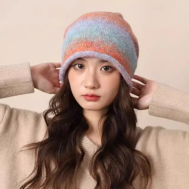 钓鱼熊 渐变色堆堆帽抽绳针织百搭彩色包头冷帽显脸小 聚酯纤维 绒线帽 男女同款情侣款