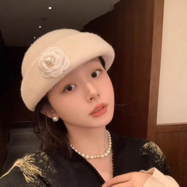 钓鱼熊 白色礼帽赫本风千金帽子女款高级百搭显脸小 羊毛混纺 贝雷帽 男女同款情侣款