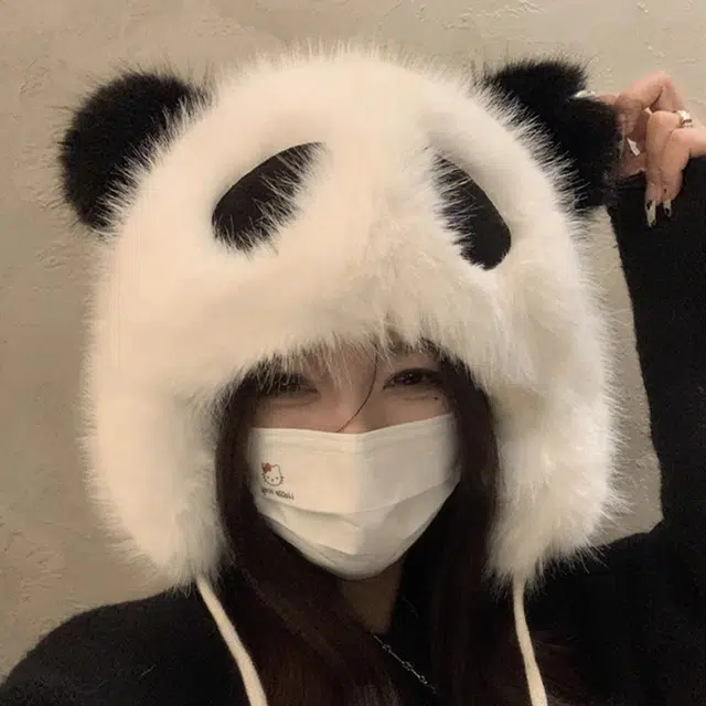 钓鱼熊 可爱小熊猫帽毛保暧防风护耳帽亲子款包头帽百搭显脸小 聚酯纤维 绒线帽 男女同款情侣款