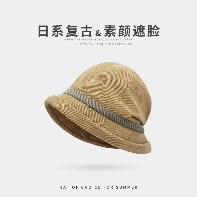 钓鱼熊 设计灯芯绒堆堆帽时尚包头帽复古显脸小渔夫帽 聚酯纤维 绒线帽 男女同款情侣款