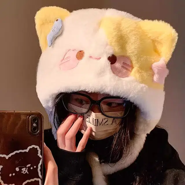 钓鱼熊 秋冬必备可爱甜美卡通小猫咪模拟器毛绒绒保暖加厚加绒大头围显脸小 聚酯纤维 绒线帽 男女同款情侣款