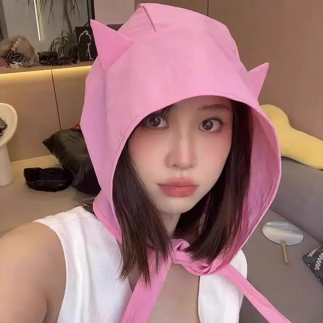 钓鱼熊 无印小恶魔绑带速干遮阳帽子夏季薄款可爱猫耳朵护耳头巾帽 聚酯纤维 防晒帽 男女同款情侣款