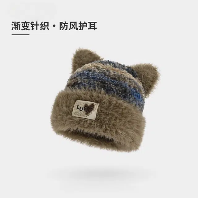 钓鱼熊 拼色猫耳朵毛绒针织帽子毛茸茸保暖护耳套头帽显脸小针织帽 聚酯纤维 绒线帽 男女同款情侣款