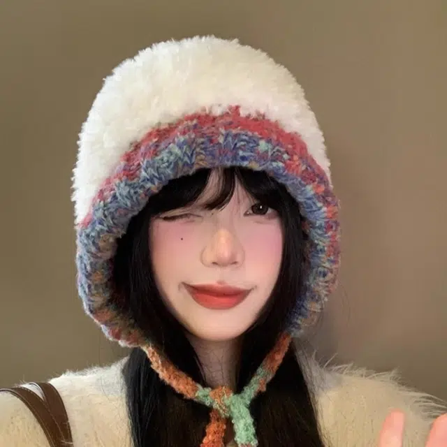 钓鱼熊 美拉德多巴胺撞色毛绒帽日系复古费尔岛风护耳保暖 聚酯纤维 绒线帽 男女同款情侣款