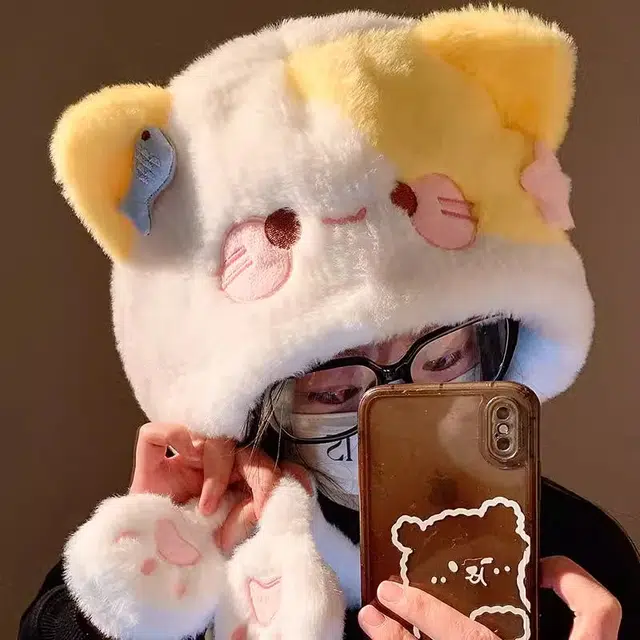 钓鱼熊 秋冬必备可爱甜美卡通小猫咪模拟器毛绒绒保暖加厚加绒大头围显脸小 聚酯纤维 绒线帽 男女同款情侣款