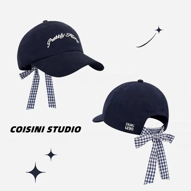 钓鱼熊 蝴蝶结绑带复古格纹字母刺绣韩版百搭显脸小帽子 棉 鸭舌帽 男女同款情侣款