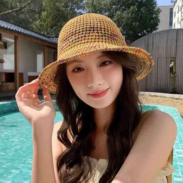 钓鱼熊 薄款撞色编织镂空夏季镂空透气遮阳防晒太阳帽显脸小水桶时尚旅游日系沙滩帽彩虹条纹盆帽 聚酯纤维 渔夫帽 男女同款情侣款