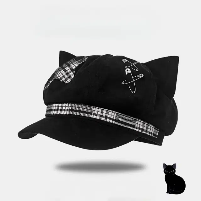 钓鱼熊 复古亚文化黑色朋克宅文化千禧辣妹百搭八角帽子 涤纶 贝雷帽 男女同款情侣款