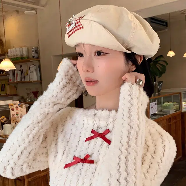 钓鱼熊 日系可爱格纹贴布樱桃翻檐文艺甜美显脸小云朵画家百搭显脸小 棉 贝雷帽 男女同款情侣款