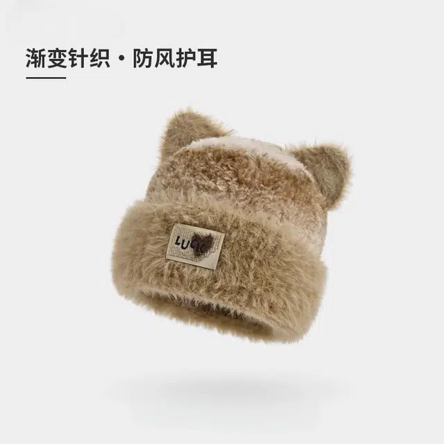 钓鱼熊 拼色猫耳朵毛绒针织帽子毛茸茸保暖护耳套头帽显脸小针织帽 聚酯纤维 绒线帽 男女同款情侣款