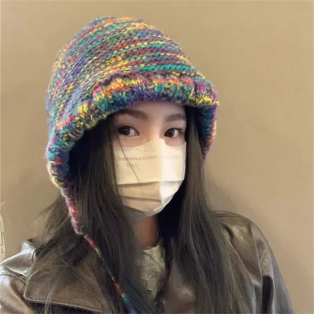 钓鱼熊 彩虹渐变毛线秋冬季款显脸小包头保暖 聚酯纤维 绒线帽 女款