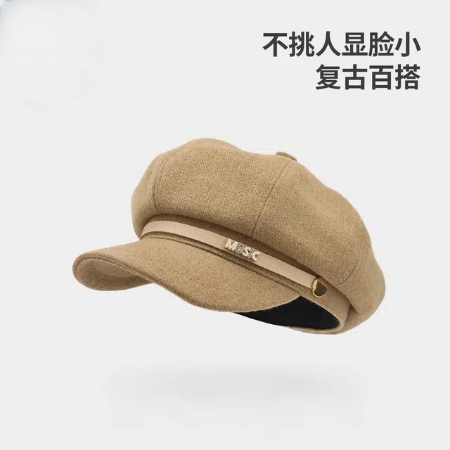 钓鱼熊 复古画家八角秋冬显脸小云朵帽穿搭百搭显脸小鸭舌帽子 毛呢 贝雷帽 男女同款情侣款