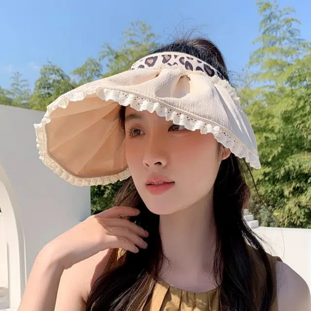 钓鱼熊 日系豹纹空顶帽户外运动遮阳帽夏季可折叠太阳帽无顶贝壳帽 聚酯纤维 防晒帽 男女同款情侣款