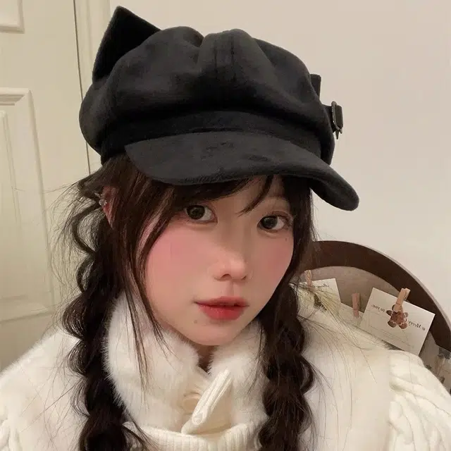 钓鱼熊 猫耳朵显脸小可爱小众设计皮扣大帽檐 棉 贝雷帽 男女同款情侣款