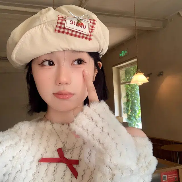 钓鱼熊 日系可爱格纹贴布樱桃翻檐文艺甜美显脸小云朵画家百搭显脸小 棉 贝雷帽 男女同款情侣款