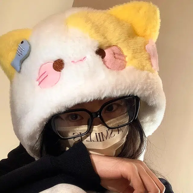 钓鱼熊 秋冬必备可爱甜美卡通小猫咪模拟器毛绒绒保暖加厚加绒大头围显脸小 聚酯纤维 绒线帽 男女同款情侣款