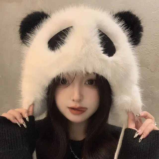 钓鱼熊 可爱小熊猫帽毛保暧防风护耳帽亲子款包头帽百搭显脸小 聚酯纤维 绒线帽 男女同款情侣款
