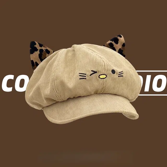 钓鱼熊 可爱猫咪耳朵保暖百搭显脸小 聚酯纤维 贝雷帽 男女同款情侣款