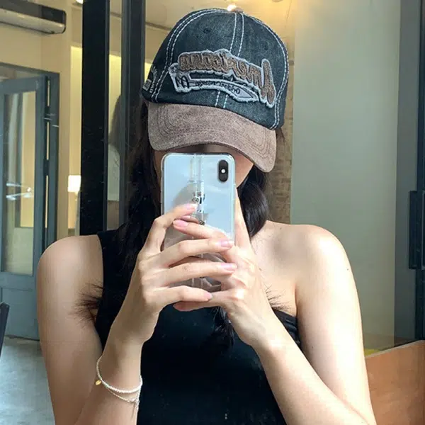 通勤必备神器 尚先生 美式复古牛仔拼接水洗做旧刺绣大头围显脸小遮阳帽 棉 聚酯纤维 鸭舌帽 男女同款情侣款