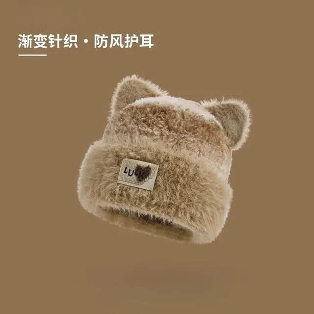 钓鱼熊 拼色猫耳朵毛绒针织帽子毛茸茸保暖护耳套头帽显脸小针织帽 聚酯纤维 绒线帽 男女同款情侣款