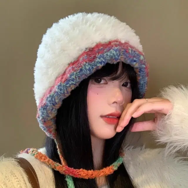 钓鱼熊 美拉德多巴胺撞色毛绒帽日系复古费尔岛风护耳保暖 聚酯纤维 绒线帽 男女同款情侣款