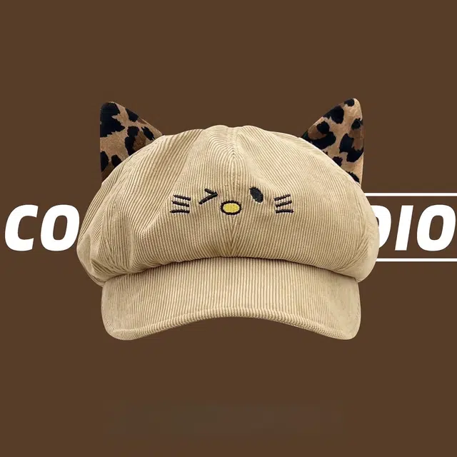 钓鱼熊 可爱猫咪耳朵保暖百搭显脸小 聚酯纤维 贝雷帽 男女同款情侣款