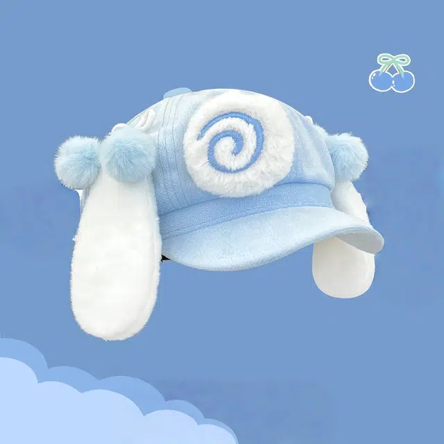 钓鱼熊 可爱卡通兔耳朵甜美百搭小众显脸小 毛绒 贝雷帽 男女同款情侣款