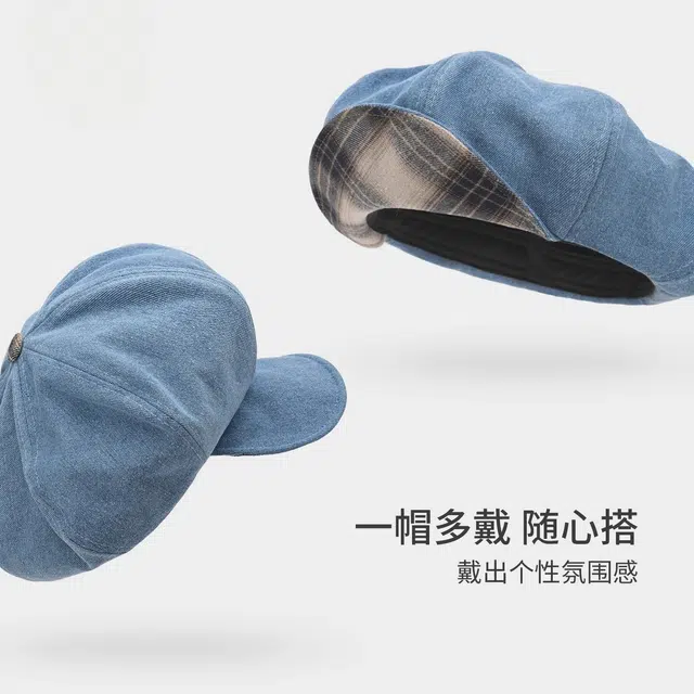钓鱼熊 牛仔立体版型显脸瘦可爱蓝色画家帽子日系画家帽百搭显脸小 聚酯纤维 贝雷帽 男女同款情侣款