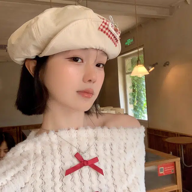 钓鱼熊 日系可爱格纹贴布樱桃翻檐文艺甜美显脸小云朵画家百搭显脸小 棉 贝雷帽 男女同款情侣款