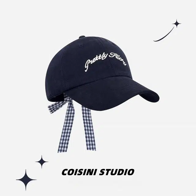 钓鱼熊 蝴蝶结绑带复古格纹字母刺绣韩版百搭显脸小帽子 棉 鸭舌帽 男女同款情侣款