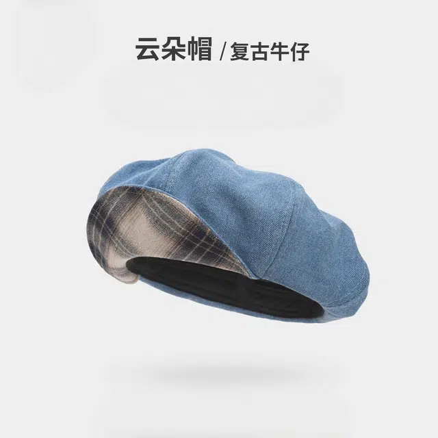 钓鱼熊 牛仔立体版型显脸瘦可爱蓝色画家帽子日系画家帽百搭显脸小 聚酯纤维 贝雷帽 男女同款情侣款