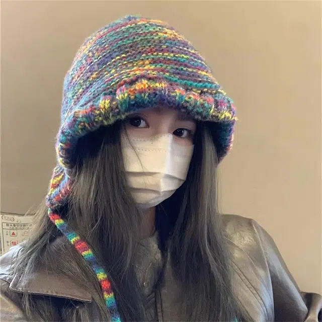 钓鱼熊 彩虹渐变毛线秋冬季款显脸小包头保暖 聚酯纤维 绒线帽 女款