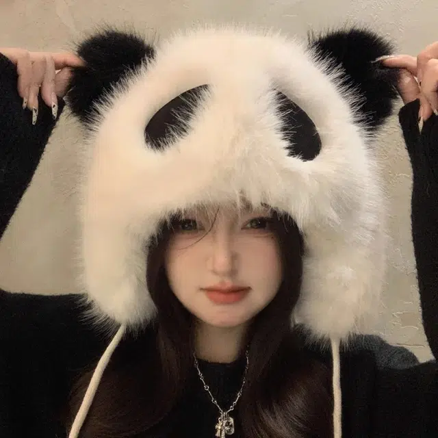 钓鱼熊 可爱小熊猫帽毛保暧防风护耳帽亲子款包头帽百搭显脸小 聚酯纤维 绒线帽 男女同款情侣款