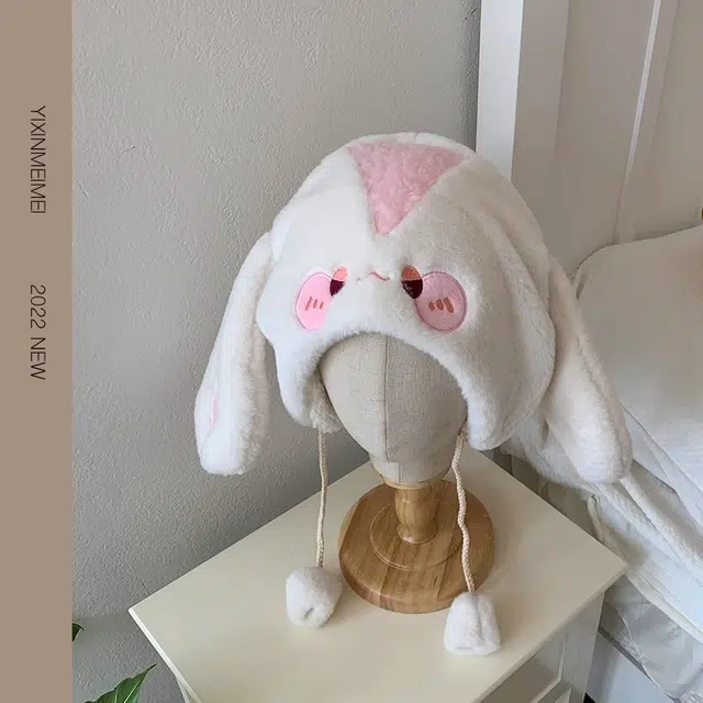 钓鱼熊 大头围毛绒绒帽子加绒保暖套头帽可爱兔子头防寒护耳百搭显脸小 聚酯纤维 雷锋帽 男女同款情侣款