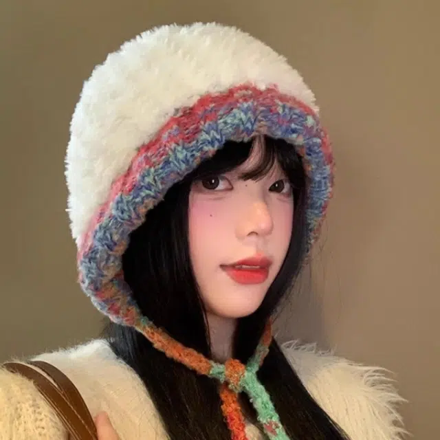 钓鱼熊 美拉德多巴胺撞色毛绒帽日系复古费尔岛风护耳保暖 聚酯纤维 绒线帽 男女同款情侣款