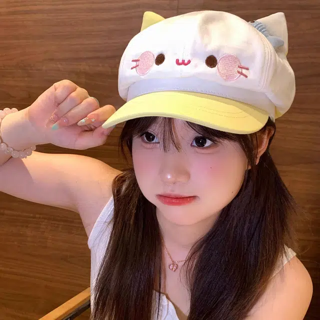 钓鱼熊 甜美可爱小鱼猫咪耳朵卡通显脸小百搭出游报童画家帽子 聚酯纤维 贝雷帽 男女同款情侣款