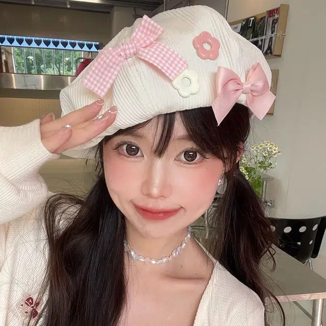 钓鱼熊 大版画家帽大头围透气显脸蝴蝶结云朵感奶油 涤纶 聚酯纤维 女款