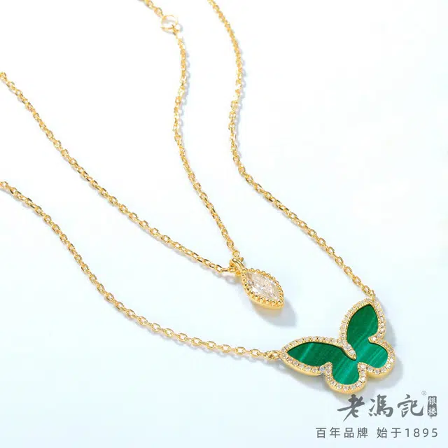 老冯记银楼 日韩风绿色孔雀石森系小清新蝴蝶双戴款 锆石 项链 女款