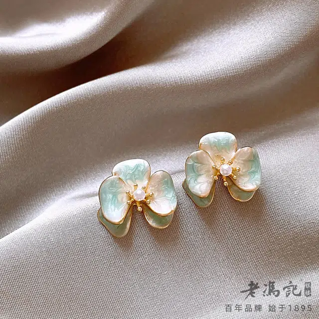 老冯记银楼 银针蓝色花朵锆石 铜 耳钉 女款