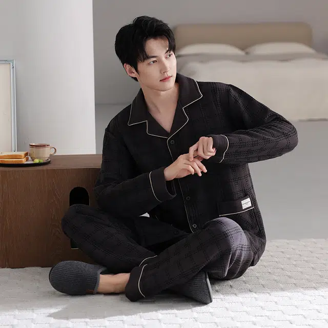 芬腾可安 秋冬加厚保暖舒适透气亲肤简约外出可穿的家居服睡衣套装 男款